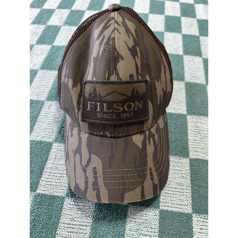 Filson x Mossy Oak Mesh Logger Cap OS Bottomland Camo Trucker Hat Leather Strap